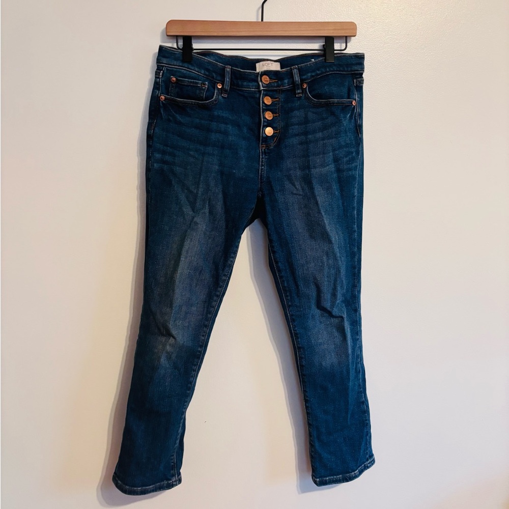 Loft modern denim crop dark wash jeans size 4 with button up fly
